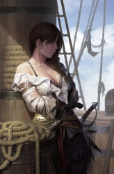 Rule 34 | 1girl, barrel, belt, blue sky, bra, bra strap, braid, breasts, brown eyes, cleavage, cloud, collarbone, cowboy shot, cross-laced clothes, crossed arms, cutlass, day, dongho kang, earrings, feather trim, feathers, floating, floating object, gloves, green scarf, gun, hairband, handgun, highres, hoop earrings, jewelry, large breasts, leaning back, long hair, looking away, mast, mole, mole on breast, original, pants, pistol, profile, rope, sad, scarf, sheath, sheathed, ship, shirt, single bare shoulder, single braid, single glove, sky, sleeves rolled up, solo, treasure chest, underwear, watercraft, weapon, white shirt