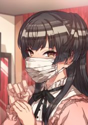 Rule 34 | 1girl, black hair, black ribbon, blunt bangs, brown eyes, covered mouth, cum, cum in clothes, cum on mask, cum under mask, cumdrip, erere, fingernails, frilled shirt, frilled sleeves, frills, idolmaster, idolmaster shiny colors, indoors, long fingernails, long hair, looking at viewer, mask, mayuzumi fuyuko, mouth mask, neck ribbon, pink shirt, ribbon, shirt, solo, two side up, v-shaped eyebrows