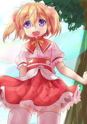 Rule 34 | 1girl, blonde hair, blue sky, cloud, day, fairy wings, fang, maid headdress, niiya, obi, open mouth, pink eyes, puffy short sleeves, puffy sleeves, sash, shirt, short sleeves, skirt, sky, smile, solo, sunny milk, thighhighs, touhou, tree, twintails, white thighhighs, wings, zettai ryouiki