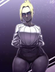 Rule 34 | 1girl, annie leonhart, black pants, blonde hair, blue eyes, blush, breasts, bustyboobs, curvy, d-art, denim, embarrassed, forehead, grey background, hands on own hips, highres, huge as, huge breasts, jeans, large breasts, looking at viewer, outdoors, pants, ponytail, purple background, shingeki no kyojin, shirt, shy, snow, snowflakes, snowing, solo, sweat, thick eyebrows, thick thighs, thighs, tight clothes, tight pants, white shirt, wide hips