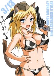 Rule 34 | 1girl, animal ears, animal print, bad id, bad pixiv id, bikini, blonde hair, blue eyes, breasts, cleavage, cow print, dakku (ogitsune), dog ears, fang, freckles, gun, handgun, happy birthday, hat, katharine ohare, large breasts, long hair, navel, revolver, side-tie bikini bottom, solo, strike witches, strike witches: suomus misfits squadron, swimsuit, tail, weapon, world witches series