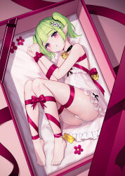 Rule 34 | 1girl, absurdres, barefoot, bell, blush, bound, box, flower, frilled nightgown, gift, gift box, green hair, hair flower, hair ornament, highres, in box, in container, jingle bell, looking at viewer, lying, mole, mole on thigh, mr arme, neck bell, nightgown, on side, original, panties, parted lips, pink eyes, pointy ears, red ribbon, ribbon, ribbon bondage, short hair, solo, two side up, underwear, white nightgown, white panties