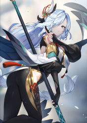 Rule 34 | 1girl, ass, blue eyes, blue hair, bodysuit, braid, bridal gauntlets, chinese clothes, detached sleeves, from side, genshin impact, gold trim, hair ornament, hair over one eye, highres, hip vent, holding, holding polearm, holding weapon, kuji-in, light blue hair, long hair, looking at viewer, low-braided long hair, low-tied long hair, parted lips, polearm, scottie (phantom2), shenhe (genshin impact), skin tight, solo, very long hair, weapon