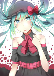 Rule 34 | :o, absurdres, aqua hair, bare shoulders, detached collar, detached sleeves, hatsune miku, highres, long hair, mou (piooooon), open mouth, polka dot, polka dot background, ribbon, sketch, solo, vocaloid, white background
