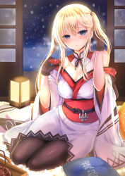 Rule 34 | 10s, 1girl, adapted costume, alcohol, blonde hair, blue eyes, blush, breasts, graf zeppelin (kancolle), japanese clothes, kantai collection, long hair, looking at viewer, mafuyu (kanden shoujyo), medium breasts, pantyhose, sadakofxe, sake, solo, twintails