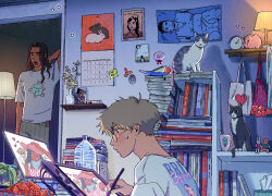 Rule 34 | 2boys, alarm clock, arm behind head, bag, blonde hair, book, book stack, bottle, britney spears, brown hair, calendar (object), cat, clock, closed mouth, cup, dark-skinned male, dark skin, drawing, drawing tablet, food, fruit, glasses, green pants, highres, holding, holding stylus, indoors, lamp, long hair, male focus, mohtz, mug, multiple boys, open mouth, original, pants, photo (object), piggy bank, plant, poster (object), print shirt, profile, shirt, short hair, stylus, sweatdrop, tissue box, tote bag, upper body, water bottle, watermelon, watermelon slice, wavy hair, white shirt, yawning