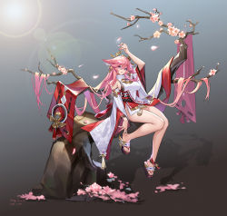 Rule 34 | 1girl, absurdres, animal ears, anklet, bare shoulders, breasts, cherry blossoms, detached sleeves, earrings, genshin impact, hair ornament, highres, in tree, japanese clothes, jewelry, large breasts, long hair, miko, ningtiaoyu, no panties, pink hair, sandals, sitting, sitting in tree, thighs, tree, yae miko