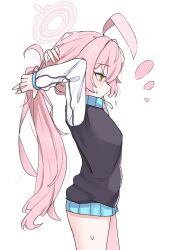 Rule 34 | 1girl, absurdres, adjusting hair, ahoge, arms behind head, arms up, blue archive, from side, halo, high (hgih), highres, hoshino (blue archive), jacket, long hair, long sleeves, pink hair, pink halo, profile, simple background, solo, track jacket, tying hair, very long hair, white background, yellow eyes