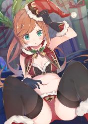 Rule 34 | 10s, 1girl, :o, absurdres, belly, black gloves, black thighhighs, blush, boots, box, breasts, breath, brown hair, cape, christmas, clarisse (granblue fantasy), cleavage, fur trim, gift, gift box, gloves, granblue fantasy, green eyes, hat, highres, koga rejini, long hair, looking at viewer, md5 mismatch, navel, poking belly, ponytail, resolution mismatch, santa boots, santa hat, small breasts, solo, source smaller, spread navel, thighhighs