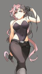 Rule 34 | 1girl, absurdres, belt, black eyes, black gloves, black leotard, breasts, brown hair, brown pants, cleavage, closed mouth, covered navel, gloves, grey background, heterochromia, highres, holding, holding umbrella, large breasts, leotard, long hair, multicolored hair, neo politan, pants, pink hair, rwby, simple background, solo, split-color hair, strapless, strapless leotard, streaked hair, tl (xdd), two-tone hair, umbrella