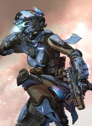 Rule 34 | 1girl, alternator, armor, breasts, explosive, gloves, glowing, grapple pilot (titanfall 2), grenade, gun, helmet, highres, holding, holding gun, holding weapon, kotone a, looking ahead, pilot (titanfall 2), science fiction, small breasts, smoke, solo, submachine gun, titanfall (series), titanfall 2, trigger discipline, visor, weapon, wiping