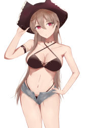 Rule 34 | 1girl, absurdres, adjusting clothes, adjusting headwear, anchor earrings, arm strap, azur lane, bikini, bikini under clothes, black bikini, blue shorts, breasts, brown hair, brown hat, cleavage, criss-cross halter, cross-laced bikini, cross-laced clothes, cutoff jeans, cutoffs, earrings, hair between eyes, halterneck, hand on own hip, hat, highres, jean bart (azur lane), jean bart (private apres midi) (azur lane), jewelry, large breasts, long hair, micro shorts, midriff, navel, pirate hat, purple eyes, shorts, simple background, solo, swimsuit, thighs, very long hair, white background, xaxas