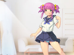 Rule 34 | 1girl, blurry, blurry background, blush, breasts, closed mouth, couch, eyebrows hidden by hair, feet out of frame, female focus, green eyes, groin, hand up, indoors, legs, looking at viewer, medium breasts, original, panties, pink hair, sailor collar, school uniform, serafuku, skirt, smile, solo, standing, striped clothes, striped panties, thighs, twintails, underwear, yoko juusuke