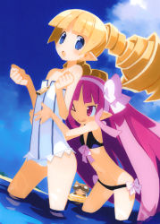 Rule 34 | 3girls, :o, ;q, = =, afloat, animal ears, animal hat, archer (disgaea), bare shoulders, beach, bikini, black bikini, blonde hair, blue eyes, blue sky, blunt bangs, blush, bow, bow bikini, casual one-piece swimsuit, cat ears, cat hat, child, closed eyes, cloud, day, disgaea, drill hair, fake animal ears, flat chest, floating hair, from behind, from side, groin, hairband, harada takehito, hat, hug, hug from behind, innertube, leaning forward, long hair, looking at viewer, lowleg, lowleg bikini, mage (disgaea), makai senki disgaea, multiple girls, naughty face, navel, nippon ichi, ocean, official art, one-piece swimsuit, one eye closed, open mouth, outdoors, outstretched arms, pink eyes, pink hair, pointy ears, saber kitty (disgaea), sidelocks, silver hair, sky, smile, standing, strapless, striped clothes, striped one-piece swimsuit, surprised, sweatdrop, swim ring, swimsuit, tongue, tongue out, twin drills, twintails, vertical stripes, very long hair, wading, water, whiskers, white one-piece swimsuit, wink, zipper