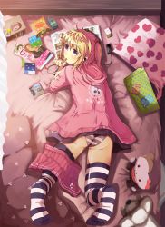 Rule 34 | 1girl, ass, bed, blonde hair, cd, chips (food), clock, digital media player, eating, feet, food, heart, highres, hood, hoodie, ipod, lying, magazine (object), md5 mismatch, mouth hold, muruaka, on stomach, original, panties, pillow, pocky, purple eyes, resolution mismatch, skirt, skirt around one leg, solo, source smaller, striped clothes, striped panties, striped thighhighs, thighhighs, underwear