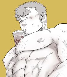 Rule 34 | 1boy, abs, bad id, bad twitter id, bara, black hair, blush, body hair, bursting pectorals, chest hair, cup, drink, drinking glass, drinking straw, facial hair, takabushi kengo, m cwfe, male focus, muscular, nipples, pectorals, topless male, simple background, solo, thick eyebrows, tokyo houkago summoners