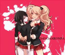 Rule 34 | 2girls, arms around waist, bear hair ornament, black hair, black neckwear, black shirt, blonde hair, bow, bowtie, breasts, choker, cleavage, closed eyes, collarbone, collared shirt, danganronpa: trigger happy havoc, danganronpa (series), english text, enoshima junko, fake nails, fingernails, freckles, hair ornament, holding person, hug, ikusaba mukuro, incest, lace, lace choker, large breasts, long hair, looking at viewer, matching outfits, medium breasts, medium hair, multicolored background, multiple girls, nail polish, open mouth, pale skin, pink background, pleated skirt, red bow, red nails, red skirt, shiny skin, shirt, shoulder blades, siblings, simple background, skirt, smile, thighs, tongue, turning head, twincest, twins, twintails, white background, yuri