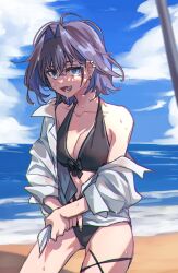 Rule 34 | 1girl, :d, beach, bikini, black bikini, black bow, blue eyes, blue hair, bow, breasts, brmameng, cleavage, fang, front-tie bikini top, front-tie top, hair intakes, halterneck, highres, hololive, hololive english, large breasts, looking at viewer, lower teeth only, messy hair, open clothes, open mouth, open shirt, ouro kronii, shirt, short hair, skin fang, smile, solo, swimsuit, teeth, virtual youtuber, water drop, wet, wet clothes, white shirt