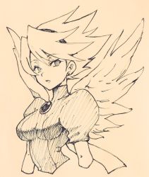 Rule 34 | 1girl, breasts, breath of fire, breath of fire iii, commentary request, dress, hairband, highres, looking at viewer, nina (breath of fire iii), short hair, simple background, solo, tsunemi aosa, wings
