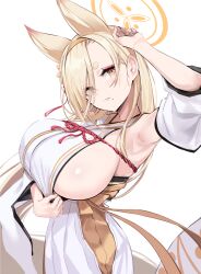 Rule 34 | 1girl, animal ears, arm up, armpits, blonde hair, blue archive, blush, breasts, brown eyes, closed mouth, commentary request, cowboy shot, detached sleeves, eyeliner, fox ears, hair over one eye, hairband, hakama, halo, head tilt, highres, japanese clothes, kaho (blue archive), kimono, large breasts, long hair, looking at viewer, mappaninatta, mole, mole under mouth, orange hairband, red eyeliner, sideboob, solo, thick eyebrows, white hakama, white kimono