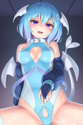 Rule 34 | 1girl, bat wings, blue hair, blue leotard, blush, breasts, bridal gauntlets, cameltoe, cleavage, cleavage cutout, clothing cutout, commentary request, demon girl, demon wings, female focus, head wings, highres, leotard, medium breasts, open mouth, original, purple eyes, sasaame, short hair, smile, solo, spread legs, white wings, wings