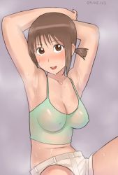 Rule 34 | 00s, 10s, 1girl, armpits, blush, breasts, brown eyes, brown hair, camisole, cleavage, covered erect nipples, hinako (issho ni training), issho ni training, large breasts, midriff, short hair, shorts, smell, solo, sweat, tank top, zenkou