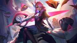 Rule 34 | 2girls, absurdres, ahoge, arm support, ascot, battle academia (league of legends), black legwear, blonde hair, braid, dress, drill hair, floating, gloves, grey dress, gwen (league of legends), hair ornament, hair over one eye, hair over shoulder, highres, holding, holding scissors, league of legends, long hair, multiple girls, oversized object, pantyhose, pink hair, scissors, sitting, smile, solo focus, twin braids, twin drills, vincent t (oriaarts), white ascot, white gloves