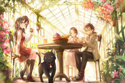 Rule 34 | 1boy, 2girls, :&lt;, :o, apple, bad id, bad pixiv id, black cat, black socks, brown footwear, brown hair, cardigan, cat, chair, coat, collar, converse, dress, food, fruit, green eyes, greenhouse, hair ribbon, holding, holding food, holding fruit, jitome, kneehighs, loafers, looking at another, looking at viewer, looking back, multiple girls, open cardigan, open clothes, open coat, original, pants, parted lips, pierorabu, plant, potted plant, red dress, red ribbon, red skirt, ribbon, shoes, sitting, skirt, sneakers, socks, table, white dress