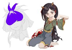 Rule 34 | 2girls, badai, barefoot, black hair, blue shorts, collarbone, collared dress, dress, flat chest, flower, flower on head, full body, green shirt, greyscale, half-closed eye, hand on own shoulder, high-waist shorts, highres, horn ornament, horn ribbon, horns, kneeling, long hair, looking at viewer, monochrome, multiple girls, nippaku zanmu, one eye covered, open mouth, purple flower, red eyes, red ribbon, ribbon, ribbon-trimmed shirt, ribbon-trimmed shorts, ribbon-trimmed sleeves, ribbon trim, shirt, short sleeves, shorts, sketch, small horns, smile, smirk, spot color, teeth, touhou, unfinished dream of all living ghost, upper body, v-shaped eyebrows, very long hair, white background, wide sleeves, yellow horns, yellow trim, yomotsu hisami