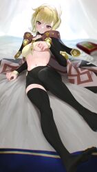 Rule 34 | 1girl, absurdres, bed sheet, black leggings, black thighhighs, blonde hair, blurry, breasts, cape, citrinne (fire emblem), depth of field, earrings, fire emblem, fire emblem engage, foreshortening, heart, heart-shaped pupils, highres, jewelry, kazane-wind, leggings, long sleeves, looking at viewer, medium breasts, midriff, navel, nintendo, no shoes, red eyes, short hair, single leg pantyhose, skin tight, smile, solo, sweat, symbol-shaped pupils, thighhighs, underboob, wing hair ornament