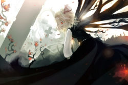 Rule 34 | 1girl, arch, ascot, black skirt, blonde hair, bow, castle, coffin, commentary request, cross, darkness, fang, flag, flower, hair bow, lens flare, light trail, long skirt, long sleeves, looking to the side, open mouth, petals, red eyes, ruins, rumia, short hair, skirt, smile, solo, statue, suisai (suisao), sun, sunlight, touhou, vest, wind