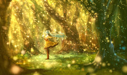 Rule 34 | 1girl, absurdres, alternate costume, aqua hair, black pantyhose, capelet, commentary, dress, forest, grass, hatsune miku, highres, leaf, light, light particles, long hair, looking at viewer, musical note, nature, pantyhose, profile, sakimori (hououbds), scenery, smile, solo, sunlight, tree, twintails, very long hair, vocaloid, wind, yellow theme