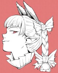 Rule 34 | 1girl, animal ears, bow, braid, cat ears, cropped shoulders, extra ears, frills, highres, iroiro yaru hito, kaenbyou rin, looking down, monochrome, pen (medium), pointy ears, portrait, profile, red background, red eyes, simple background, slit pupils, smile, smug, solo, touhou, twin braids
