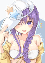 Rule 34 | 1girl, :p, artist name, bandeau, bare shoulders, baseball cap, bb (fate), bb (fate) (all), bb (swimsuit mooncancer) (fate), bb (swimsuit mooncancer) (first ascension) (fate), bikini, blush, braid, breasts, cleavage, collarbone, commentary request, fate/grand order, fate (series), hair between eyes, hand on headwear, hand up, hat, jacket, long hair, long sleeves, looking at viewer, medium breasts, notice lines, off shoulder, one eye closed, purple eyes, purple hair, single braid, solo, sou (soutennkouchi), star (symbol), strapless, strapless bikini, swimsuit, tongue, tongue out, twitter username, upper body, white bikini, white hat, yellow jacket