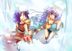 Rule 34 | 2girls, alternate color, animal, animal around neck, blue dress, blush, book, breasts, brown footwear, cloud, cloud over head, commentary request, detached sleeves, dress, eyepatch, fox, full body, gem, high heels, holding, holding book, holding staff, ice cave, kawagoe pochi, large breasts, light purple hair, lightning, looking at viewer, multiple girls, open mouth, pelvic curtain, professor (ragnarok online), purple eyes, purple hair, ragnarok online, red dress, red sleeves, short hair, sleeveless, sleeveless dress, smile, staff, striped sleeves, yellow sleeves