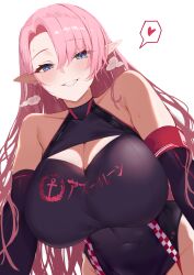 1girl absurdres anchor azur_lane bare_shoulders black_gloves blue_eyes blush breasts breath cleavage cleavage_cutout clothes_writing clothing_cutout commentary_request commission covered_navel duke_of_york_(azur_lane) duke_of_york_(prestige_of_the_glorious_formula)_(azur_lane) ear_piercing elbow_gloves eyes_visible_through_hair gloves hair_between_eyes hair_over_one_eye highres large_breasts leotard long_hair looking_at_viewer nakatama_kyou official_alternate_costume parted_lips piercing pink_hair pointy_ears print_leotard race_queen simple_background skeb_commission smile solo swept_bangs very_long_hair white_background