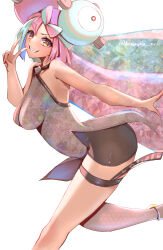 Rule 34 | 1girl, aqua hair, bare shoulders, black leotard, breasts, character hair ornament, creatures (company), dress, from side, game freak, grey dress, grin, hair ornament, highres, iono (pokemon), leotard, leotard under clothes, looking at viewer, medium breasts, momdy (talesshinja), multicolored hair, nintendo, pink hair, pokemon, pokemon sv, simple background, single bare leg, smile, solo, split-color hair, teeth, thigh strap, two-tone hair, v, v-shaped eyebrows, white background, yellow eyes