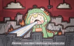 Rule 34 | amano pikamee, arms up, battleblock theater, blonde hair, blush stickers, building, cardboard cutout, chibi, city, commentary, commission, dinosaur hood, energy beam, english commentary, english text, green hoodie, highres, hood, hoodie, multicolored hair, open mouth, skyscraper, stage, subtitled, virtual youtuber, voms, wersman, | |