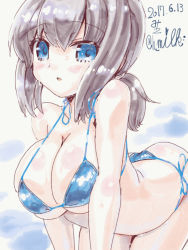 Rule 34 | 10s, 1girl, alternate breast size, bikini, blue eyes, blush, breasts, brown hair, dated, fubuki (kancolle), kantai collection, large breasts, looking at viewer, miuku (marine sapphire), open mouth, ponytail, side-tie bikini bottom, simple background, sketch, swimsuit