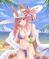 Rule 34 | 1girl, aa-aster, animal ears, beach, bikini, blue bikini, blush, breasts, cleavage, collarbone, day, ears through headwear, fang, fate/grand order, fate (series), fox ears, fox tail, hat, highres, large breasts, long hair, looking at viewer, navel, ocean, open mouth, outdoors, palm leaf, palm tree, pink hair, sitting, solo, starfish, swimsuit, tail, tamamo (fate), tamamo no mae (fate/extra), tamamo no mae (swimsuit lancer) (fate), tamamo no mae (swimsuit lancer) (third ascension) (fate), tree, wet, white hat, yellow eyes