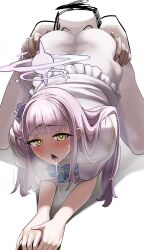 Rule 34 | 1boy, 1girl, ahegao, all fours, ass, ass grab, bent over, blue archive, breasts, doodle sensei (blue archive), heavy breathing, highres, medium breasts, mika (blue archive), pink hair, saliva, saliva trail, sensei (blue archive), shima, yellow eyes