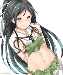 Rule 34 | 1girl, absurdres, armpit cutout, arms behind back, belt, black hair, blue eyes, blue hair, blush, closed mouth, clothing cutout, crop top, dutch angle, flat chest, gradient hair, hair ribbon, highres, hip vent, kantai collection, katsuragi (kancolle), kiritto, long hair, midriff, multicolored hair, navel, parted bangs, ponytail, raised eyebrows, ribbon, shiny skin, short sleeves, simple background, skirt, smile, solo, stomach, straight hair, twitter username, upper body, very long hair, wavy mouth, white background, white ribbon, white skirt