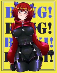 Rule 34 | 1girl, akatsuki records, black bodysuit, black gloves, blue bow, bodysuit, bow, breasts, cape, clenched hand, covered abs, english text, floating head, gloves, hair bow, highres, latex, latex bodysuit, latex gloves, latex suit, light smile, looking at viewer, medium breasts, mogemochi, red cape, red eyes, rock &#039;n&#039; rock &#039;n&#039; beat, sekibanki, skin tight, solo, touhou, yellow background