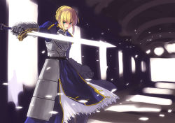 Rule 34 | 00s, 1girl, ahoge, armor, armored dress, artoria pendragon (fate), blonde hair, caliburn (fate), dress, fate/stay night, fate (series), faulds, gauntlets, green eyes, refeia, saber (fate), solo, sword, weapon