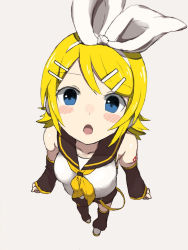 Rule 34 | 1girl, :o, ascot, bare shoulders, blonde hair, blue eyes, blush stickers, bow, clenched hands, collarbone, detached sleeves, foreshortening, from above, hair bow, hair ornament, hairclip, headphones, headset, highres, kagamine rin, leg warmers, looking at viewer, looking up, nishikino kee, number tattoo, perspective, pigeon-toed, sailor collar, shirt, short hair, shorts, shoulder tattoo, sleeveless, sleeveless shirt, solo, tattoo, vocaloid, yellow ascot