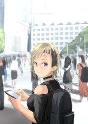 Rule 34 | 1girl, backpack, bag, black choker, black shirt, blonde hair, brown eyes, cellphone, choker, closed mouth, clothing cutout, from side, highres, holding, holding phone, kilye kairi, looking at viewer, looking back, original, people, phone, shirt, shoulder cutout, smartphone, smile, solo focus
