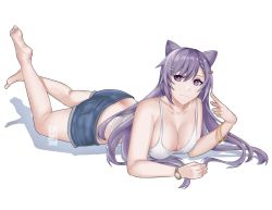 Rule 34 | 1girl, alternate costume, ass, bare shoulders, barefoot, blush, breasts, butt crack, denim, denim shorts, genshin impact, hair ornament, hairclip, keqing (genshin impact), large breasts, long hair, looking at viewer, lying, medinki, on stomach, purple eyes, purple hair, shiny clothes, shiny skin, short shorts, shorts, smile, solo, twintails, very long hair
