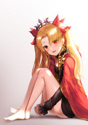 Rule 34 | 1girl, :d, bare legs, barefoot, black dress, blonde hair, blush, breasts, cape, commentary request, dress, earrings, ereshkigal (fate), fate/grand order, fate (series), gradient background, greem bang, grey background, hair between eyes, hair ribbon, head tilt, highres, infinity symbol, jewelry, knees up, legs, long hair, long sleeves, looking at viewer, open mouth, own hands clasped, own hands together, parted bangs, red cape, red eyes, red ribbon, ribbon, single sleeve, sitting, skull, sleeves past wrists, small breasts, smile, solo, spine, tiara, two side up, very long hair, white background