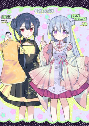 Rule 34 | 2girls, black dress, black hair, blush, braid, character request, china dress, chinese clothes, closed mouth, clothes hanger, commentary request, double bun, dress, grey hair, hair between eyes, hair bun, holding, long hair, long sleeves, multiple girls, orange dress, original, purple dress, purple eyes, red eyes, short sleeves, sleeves past fingers, sleeves past wrists, smile, standing, star (symbol), starry background, translation request, twin braids, very long hair, wide sleeves, yuuki rika