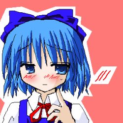 Rule 34 | 1girl, blue eyes, blue hair, blush, cirno, dress, embarrassed, embodiment of scarlet devil, female focus, lowres, matching hair/eyes, murabito, pinafore dress, pink background, ribbon, simple background, sleeveless, sleeveless dress, solo, touhou, upper body